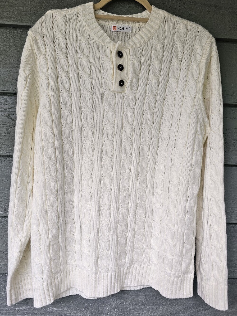 H2H Men's White Classic Vertical Cable-Knit Henley Pullover Sweater Size X-Large